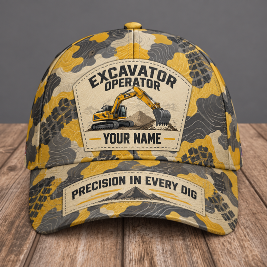 Personalized excavator operator camo baseball cap with patchwork pride occupational artwork.