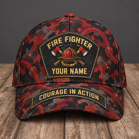 Personalized fire fighter camo baseball cap with patchwork pride occupational artwork.