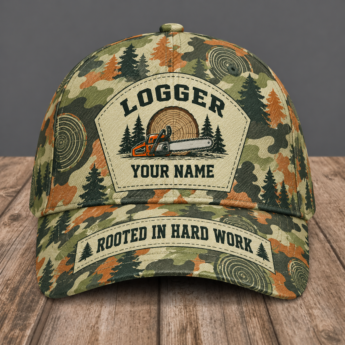 Personalized logger camo baseball cap with patchwork pride occupational artwork.