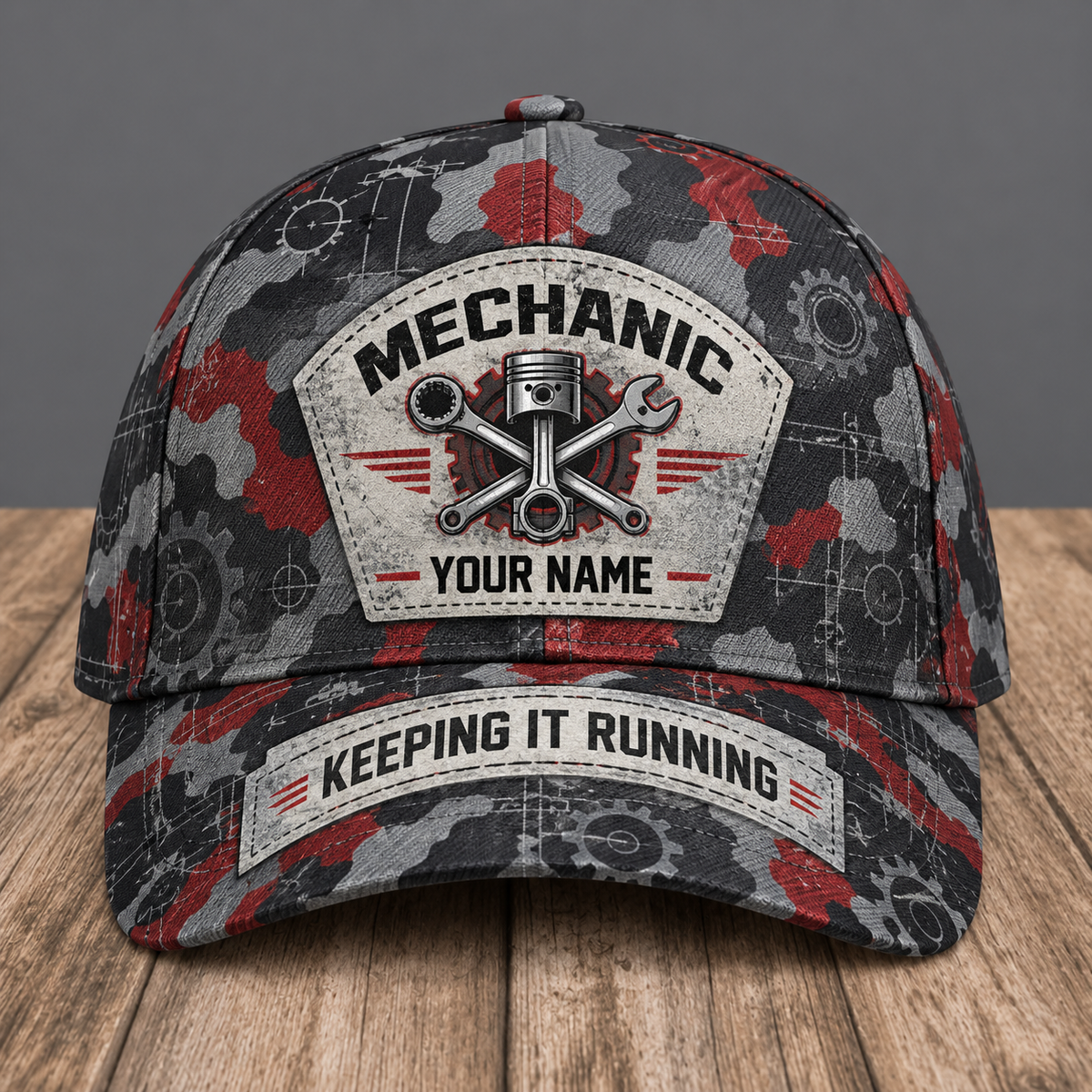 Personalized mechanic camo baseball cap with patchwork pride occupational artwork.