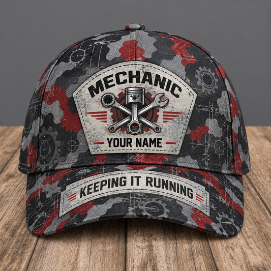 Personalized mechanic camo baseball cap with patchwork pride occupational artwork.