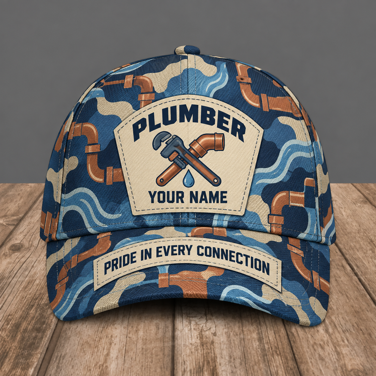 Personalized plumber camo baseball cap with patchwork pride occupational artwork.