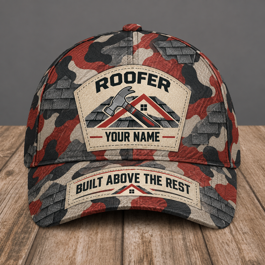 Personalized roofer camo baseball cap with patchwork pride occupational artwork.