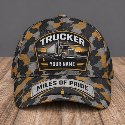 Personalized trucker camo baseball cap with patchwork pride occupational artwork.
