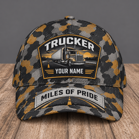 Personalized trucker camo baseball cap with patchwork pride occupational artwork.