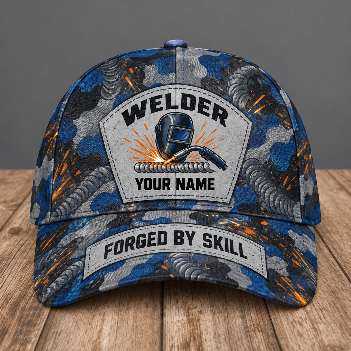 Personalized welder camo baseball cap with patchwork pride occupational artwork.