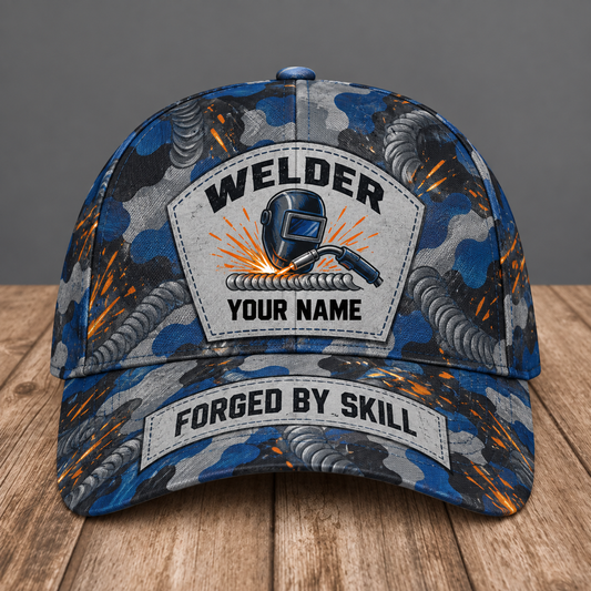 Personalized welder camo baseball cap with patchwork pride occupational artwork.