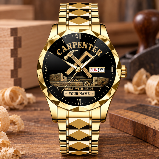 Personalized carpenter crystal metal watch with faceted legacy occupational artwork.
