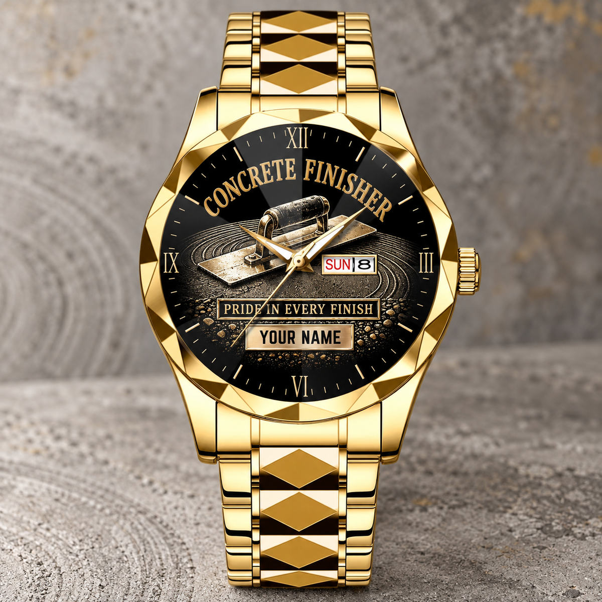 Personalized concrete finisher crystal metal watch with faceted legacy occupational artwork.