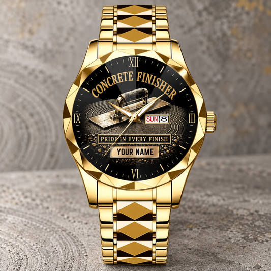 Personalized concrete finisher crystal metal watch with faceted legacy occupational artwork.