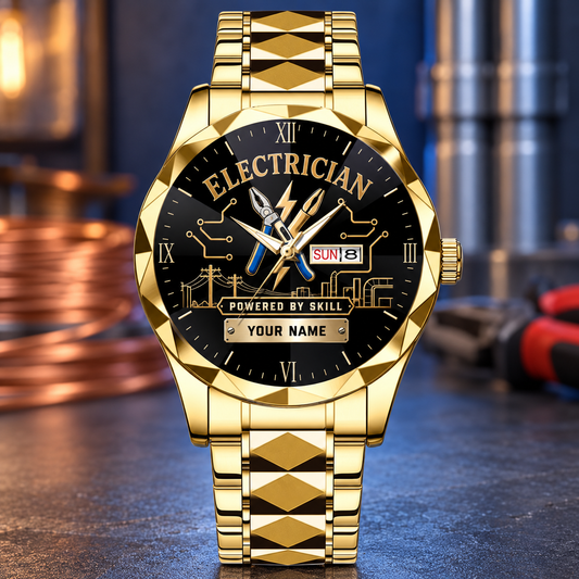 Personalized electrician crystal metal watch with faceted legacy occupational artwork.
