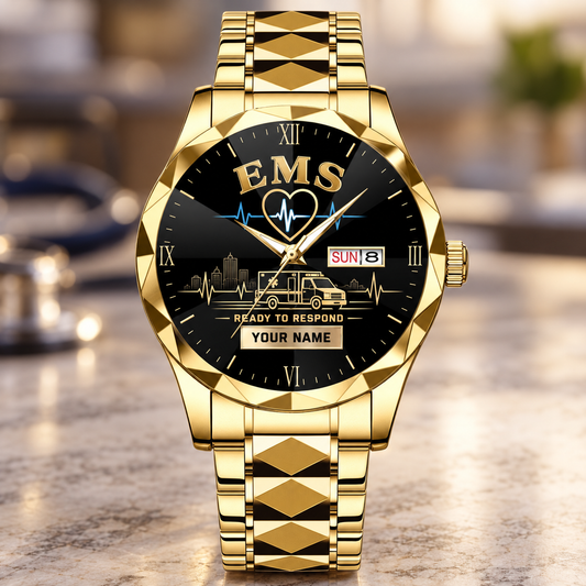Personalized ems crystal metal watch with faceted legacy occupational artwork.