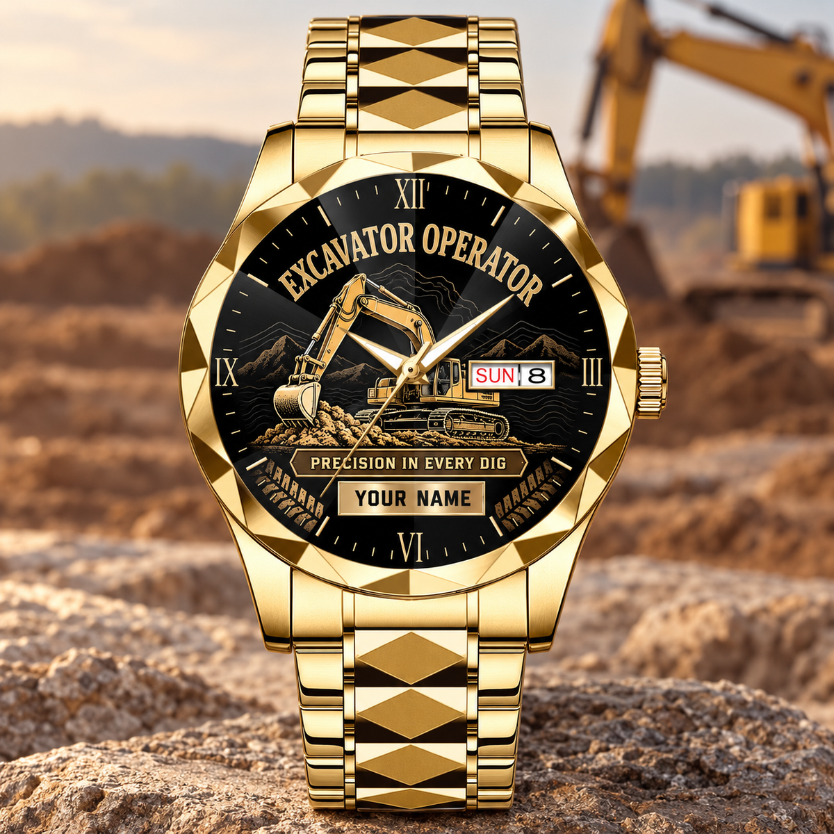Personalized excavator operator crystal metal watch with faceted legacy occupational artwork.