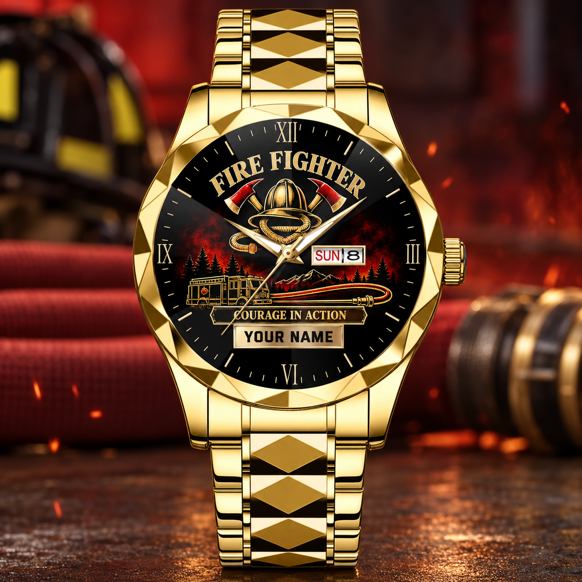 Personalized fire fighter crystal metal watch with faceted legacy occupational artwork.