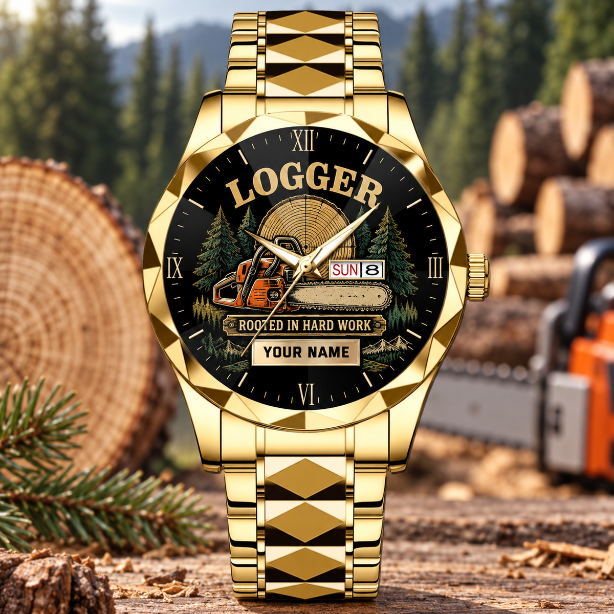 Personalized logger crystal metal watch with faceted legacy occupational artwork.