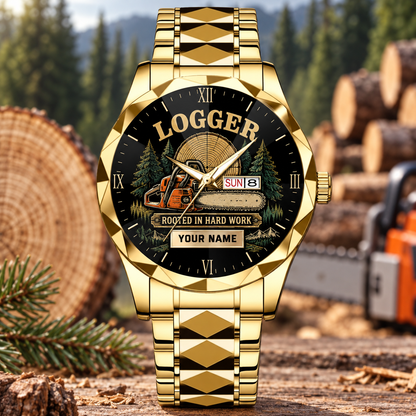 Personalized logger crystal metal watch with faceted legacy occupational artwork.