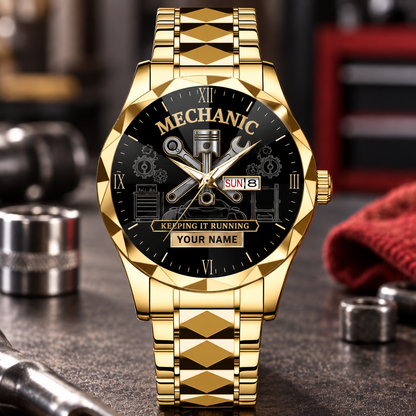 Personalized mechanic crystal metal watch with faceted legacy occupational artwork.