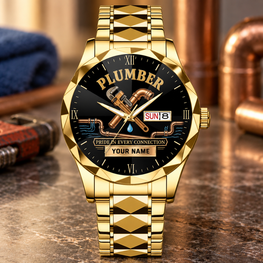 Personalized plumber crystal metal watch with faceted legacy occupational artwork.