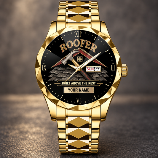 Personalized roofer crystal metal watch with faceted legacy occupational artwork.