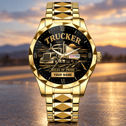 Personalized trucker crystal metal watch with faceted legacy occupational artwork.