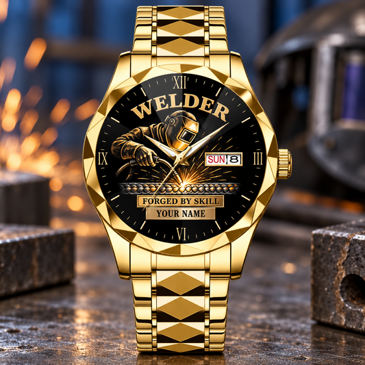 Personalized welder crystal metal watch with faceted legacy occupational artwork.
