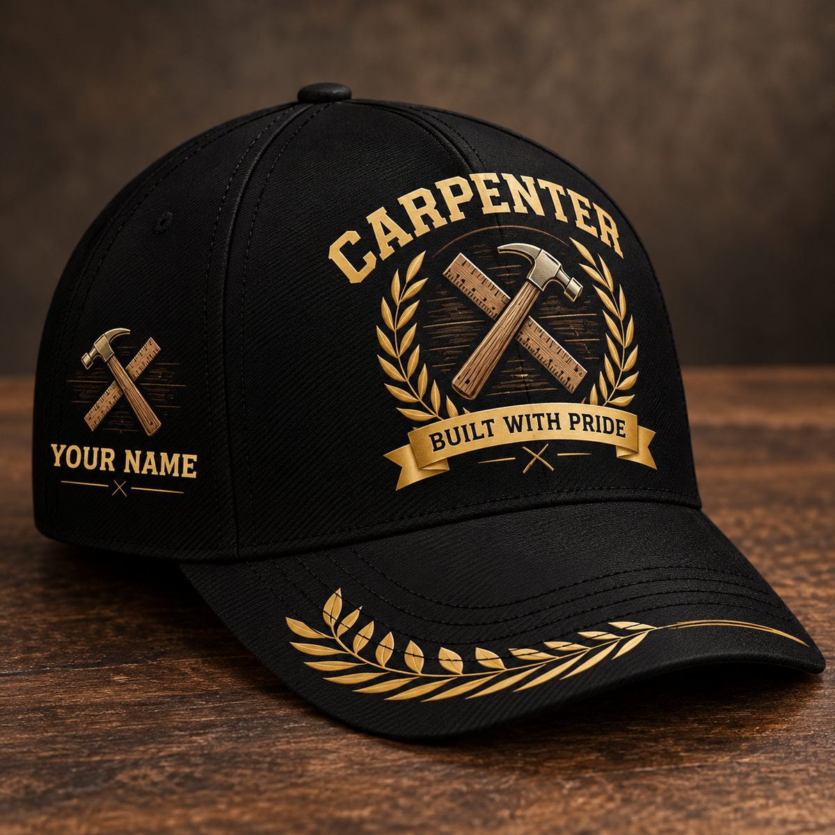 Personalized carpenter baseball cap with black gold legacy occupational artwork.