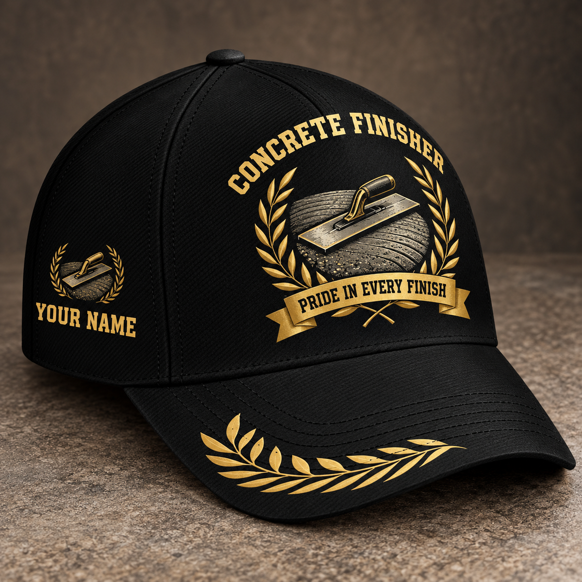 Personalized concrete finisher baseball cap with black gold legacy occupational artwork.