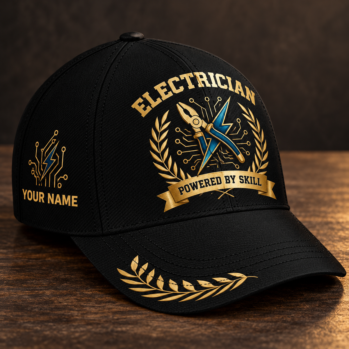 Personalized electrician baseball cap with black gold legacy occupational artwork.