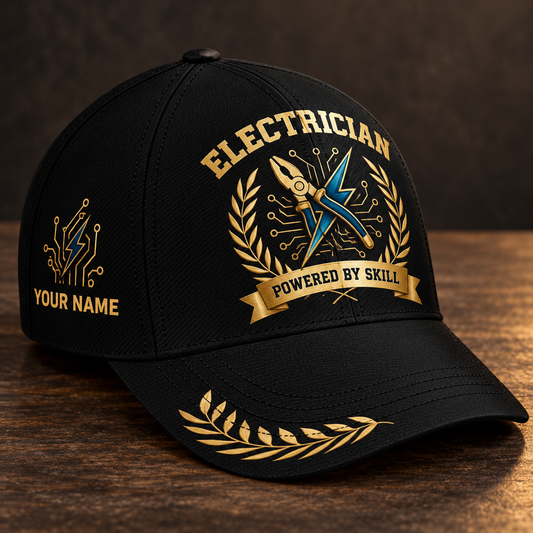 Personalized electrician baseball cap with black gold legacy occupational artwork.