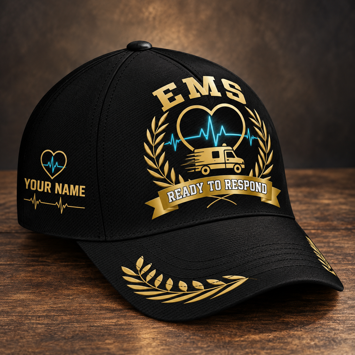 Personalized ems baseball cap with black gold legacy occupational artwork.