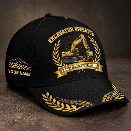 Personalized excavator operator baseball cap with black gold legacy occupational artwork.