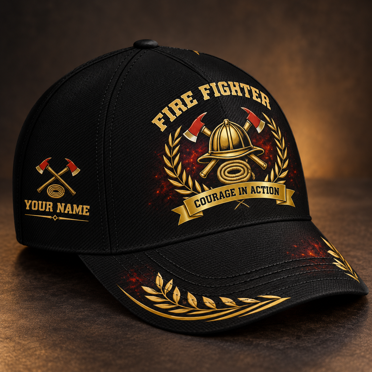 Personalized fire fighter baseball cap with black gold legacy occupational artwork.