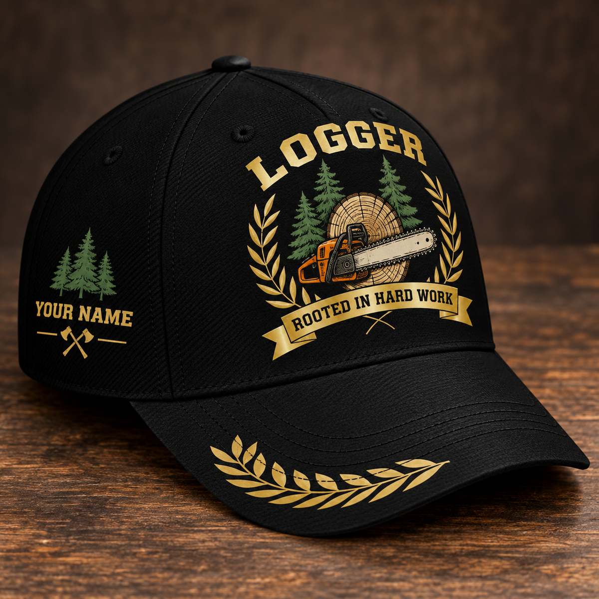Personalized logger baseball cap with black gold legacy occupational artwork.