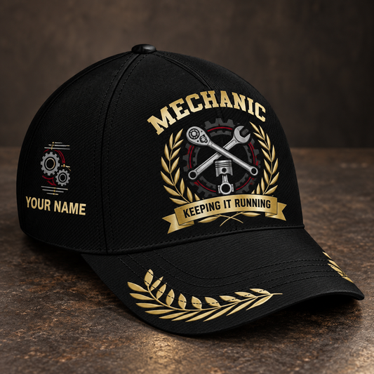 Personalized mechanic baseball cap with black gold legacy occupational artwork.