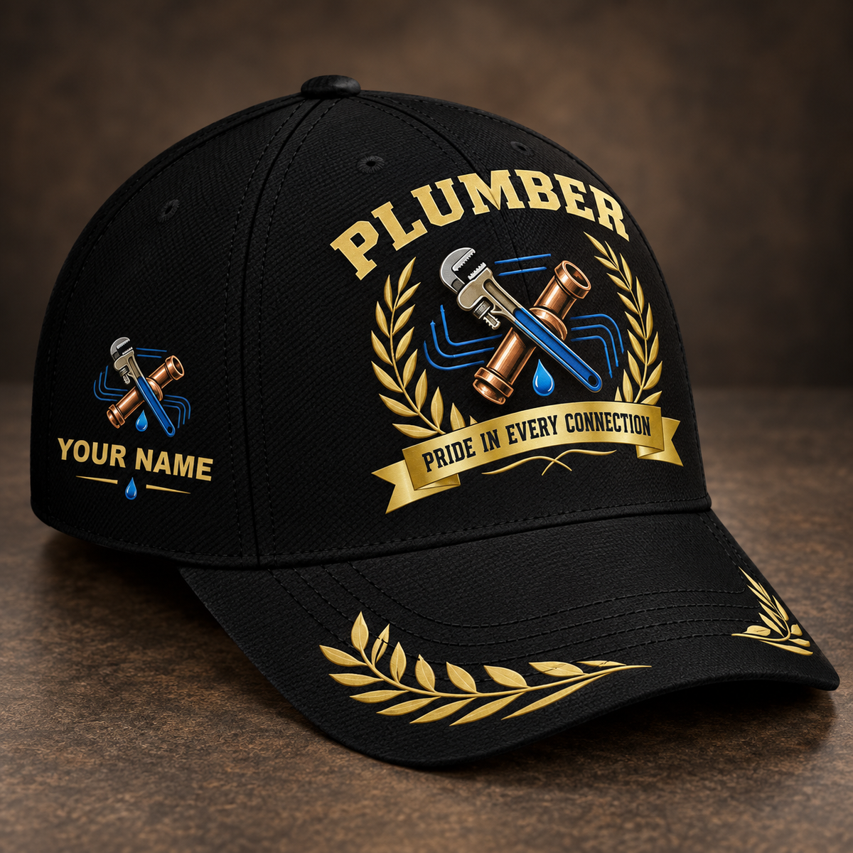 Personalized plumber baseball cap with black gold legacy occupational artwork.
