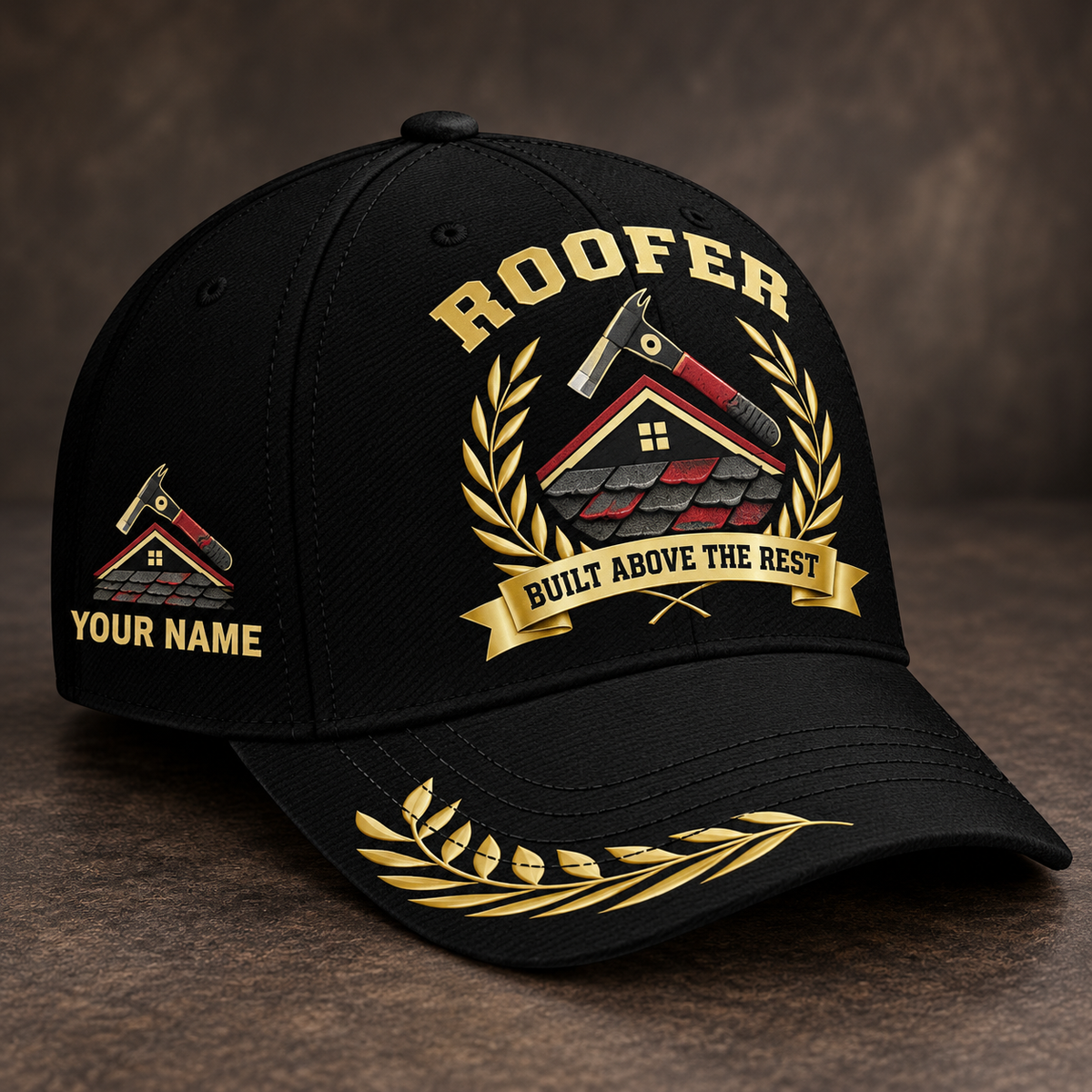 Personalized roofer baseball cap with black gold legacy occupational artwork.
