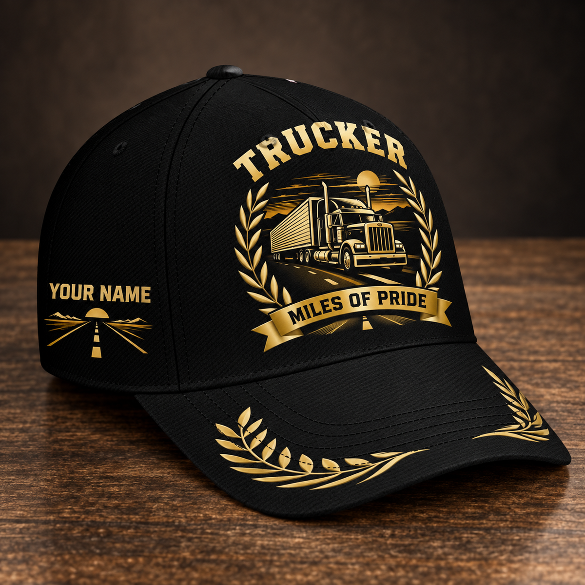 Personalized trucker baseball cap with black gold legacy occupational artwork.