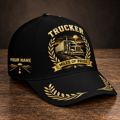 Personalized trucker baseball cap with black gold legacy occupational artwork.