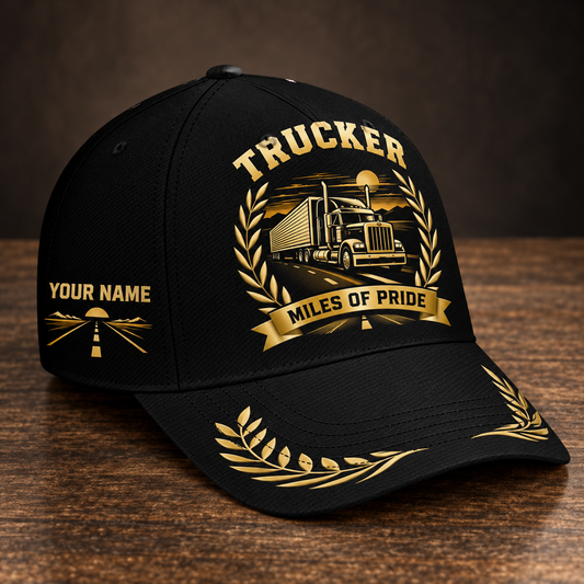 Personalized trucker baseball cap with black gold legacy occupational artwork.