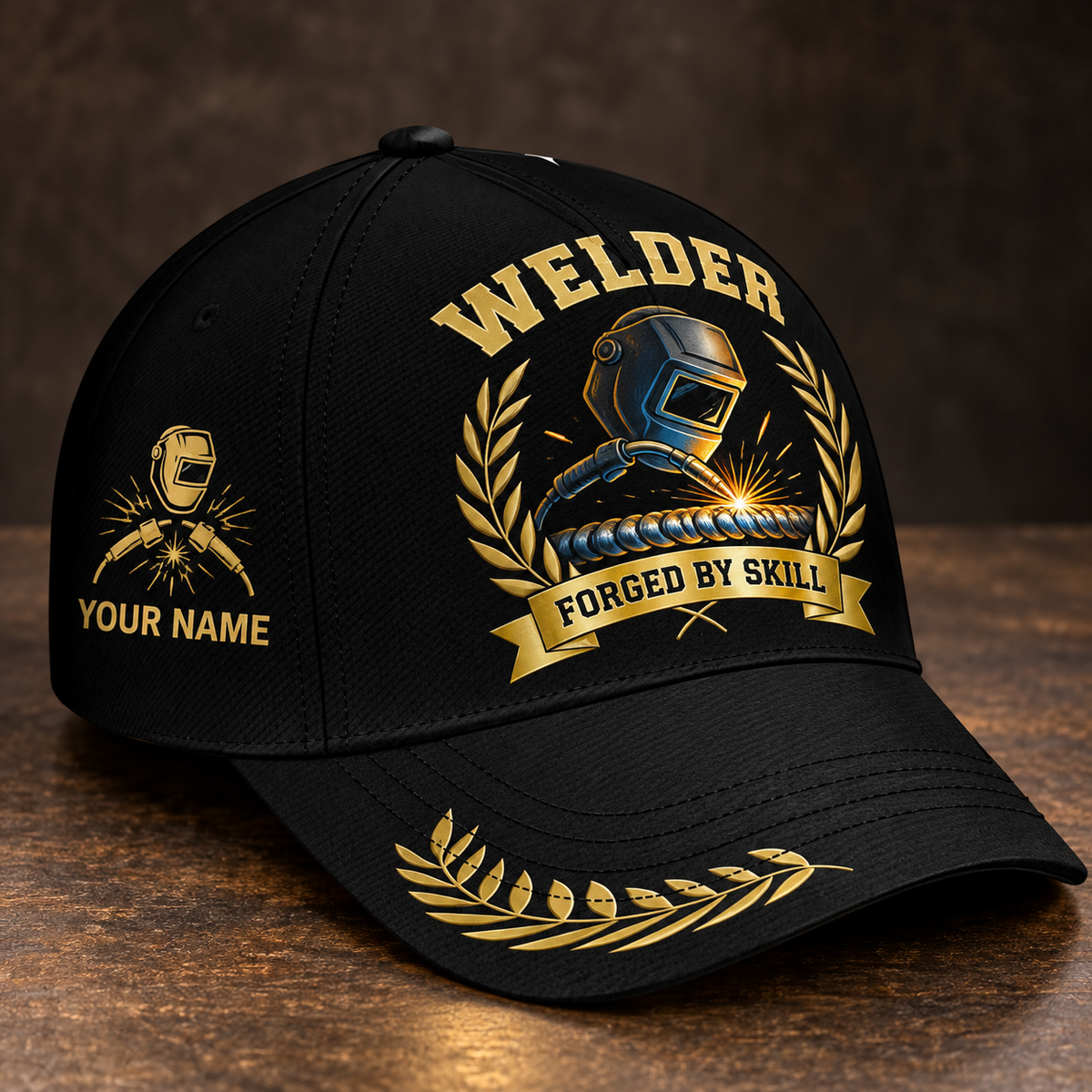Personalized welder baseball cap with black gold legacy occupational artwork.