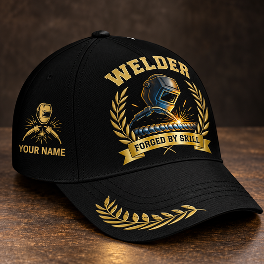Personalized welder baseball cap with black gold legacy occupational artwork.