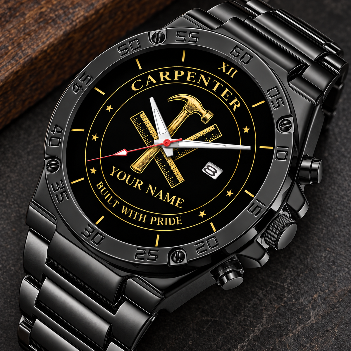 Personalized Carpenter Stainless Steel Watch - Heritage Dial - Black