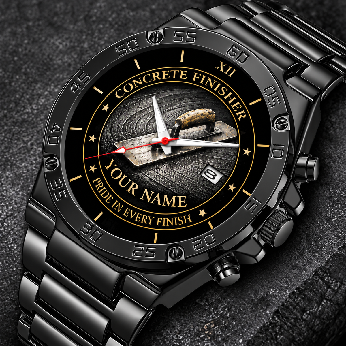 Personalized Concrete Finisher Stainless Steel Watch - Heritage Dial - Black
