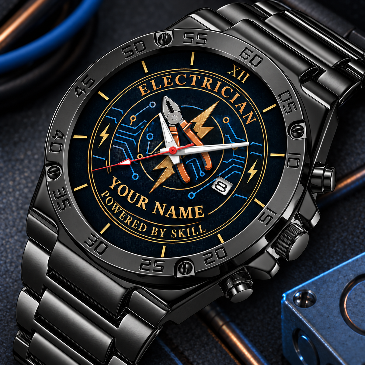 Personalized Electrician Stainless Steel Watch - Heritage Dial - Black