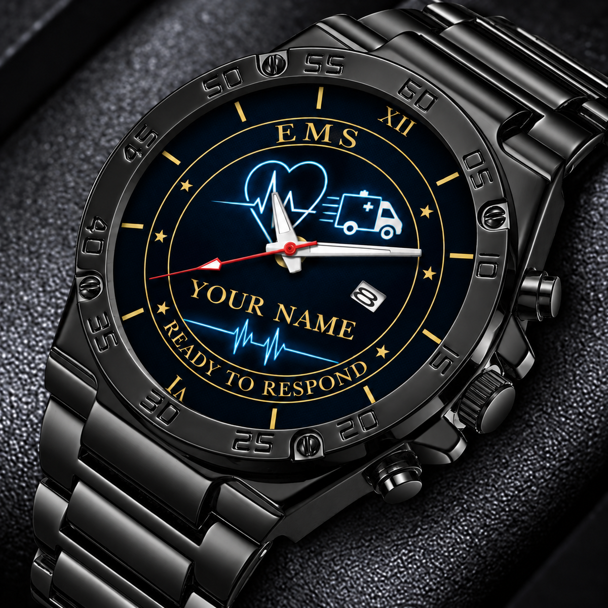 Personalized EMS Stainless Steel Watch - Heritage Dial - Black