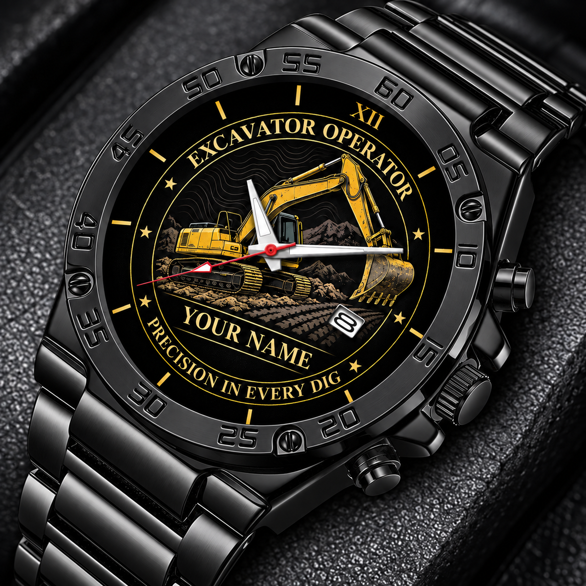 Personalized Excavator Operator Stainless Steel Watch - Heritage Dial - Black