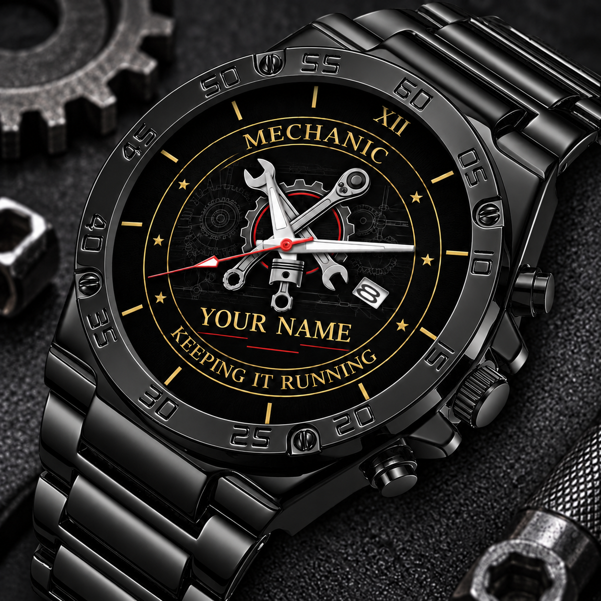 Personalized Mechanic Stainless Steel Watch - Heritage Dial - Black