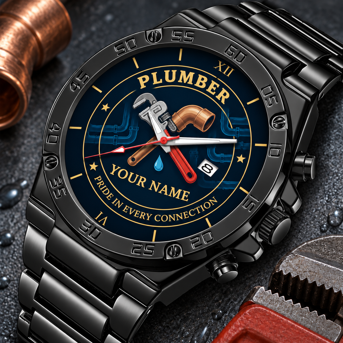 Personalized Plumber Stainless Steel Watch - Heritage Dial - Black