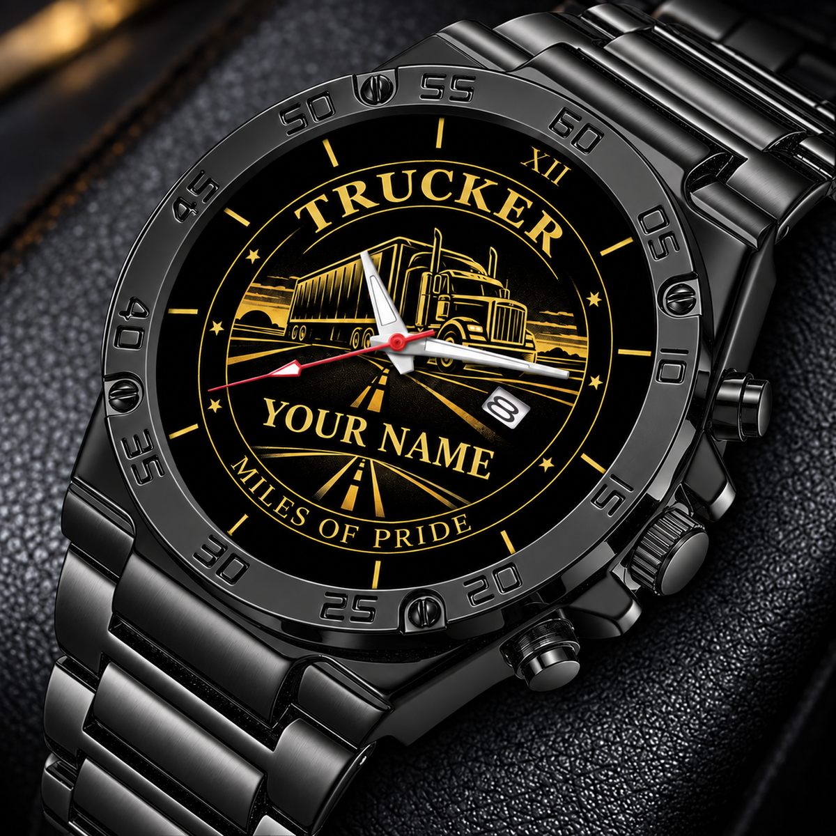 Personalized Trucker Stainless Steel Watch - Heritage Dial - Black