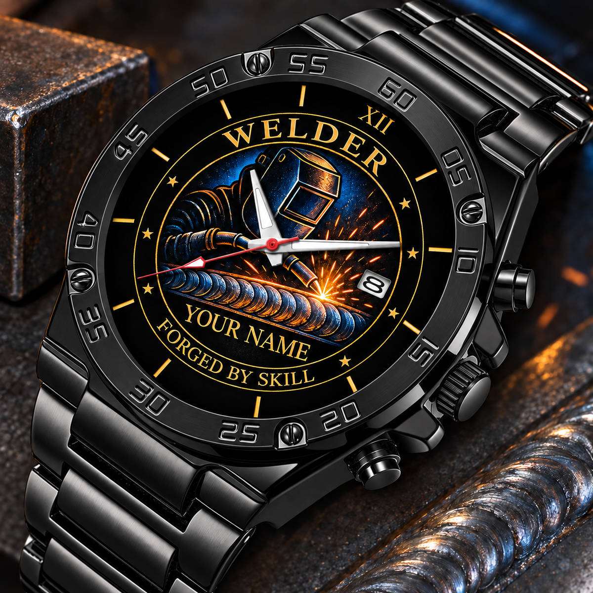 Personalized Welder Stainless Steel Watch - Heritage Dial - Black